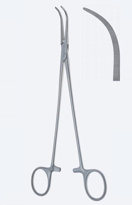 Зажими дисекційні та лігатурні Overholt, Slim Line, фіг. 2, вигнут, зубчасті щелепи, з кремальєрою, довжина 220 мм. Бренд - Asanus Medizintechnik Gmb, Німеччина